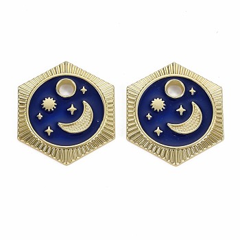 Rack Plating Alloy Pendants, with Enamel, Cadmium Free & Lead Free, Hexagon with Moon & Star, Light Gold, Blue, 23x20x1.5mm, Hole: 3mm