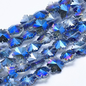 Electroplate Glass Beads Strands, Half Plated, Faceted, Snowflake, Blue Plated, 12~12.5x14x8~8.5mm, Hole: 1mm, about 25pcs/strand, 12 inch(30.5cm)