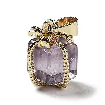 Natural Amethyst Gift Box Charms, with Golden Plated Brass Bowknot, 15x11x11mm, Hole: 4.5x3.5mm