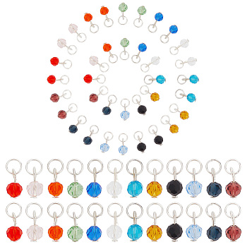 Elite 12 Sets Glass Pendants, with Platinum Tone Iron Finding and Jump Ring, Faceted, Round, Mixed Color, 10x4mm, Hole: 4.6mm, 24pcs/set, 288pcs/box
