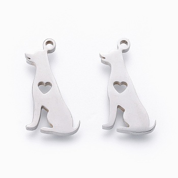 201 Stainless Steel Pendants, Manual Polishing, Dog with Heart, Stainless Steel Color, 18x9.5x1.5mm, Hole: 1.2mm