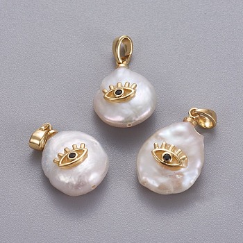 Natural Cultured Freshwater Pearl Pendants, with Brass Micro Pave Cubic Zirconia Findings, Nuggets with Evil Eye, Long-Lasting Plated, Golden, Black, 17~27x12~16x6~12mm, Hole: 4x2.5mm