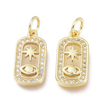 Brass Micro Pave Clear Cubic Zirconia Charms, with Jump Ring, Long-Lasting Plated, Oval with Star & Eye, Real 18K Gold Plated, 15x7.5x2mm, Jump Ring: 5x0.7mm, 3.6mm Inner Diameter