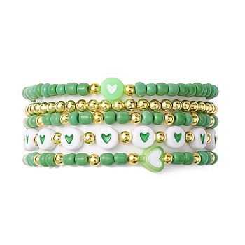 5Pcs 5 Styles Heart Acrylic & Glass Seed Beaded Stretch Bracelet Sets, Stackable Bracelets for Women, Green, Inner Diameter: 2~2-3/8 inch(5.2cm), 1pc/style