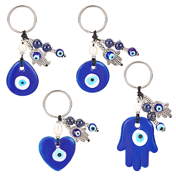 Elite 4Pcs 4 Style Natural Lapis Lazuli & Freshwater Pearl Bead Keychain, Evil Eye Keychain, with 304 Stainless Steel Findings, Heart & Teardrop & Flat Round & Hamsa Hand, Blue, 7.4~92cm, 1pc/style
