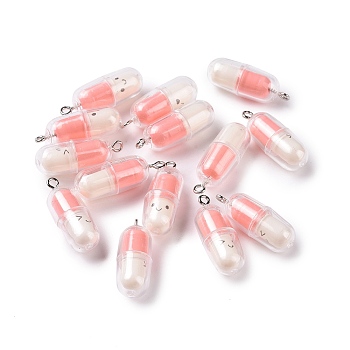 Translucent Plastic Pendants, Pill Capsule Charm, with Platinum Tone Iron Loops, Pink, 29x10.5mm, Hole: 2mm