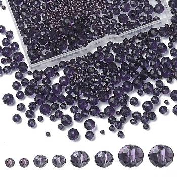 8 Strands 4 Size Transparent Glass Beads Strands, Faceted, Rondelle, Medium Purple, 3~8x2~6mm, hole: 0.4~1mm, 65~155Pcs/strand, 15~16.9 inch(38~43cm), 2 Strands/size