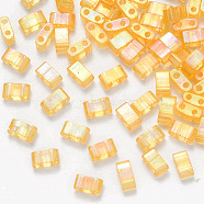 2-Hole Baking Painted Transparent Glass Seed Beads, AB Color Plated, Rectangle, Gold, 4.5~5.5x2x2~2.5mm, Hole: 0.5~0.8mm, about 2000pcs/bag(SEED-S031-M-251)