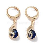 Real 18K Gold Plated Brass Dangle Leverback Earrings, with Cubic Zirconia and Glass, Peacock, Dark Blue, 31x8mm(EJEW-L269-042G)