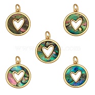Real 18K Gold Plated Brass Pendants, with Natural Paua Shell, Long-Lasting Plated, Flat Round with Heart, 18x16x2mm, Hole: 3mm, 5pcs/box(FIND-SZ0002-54B)