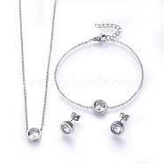 304 Stainless Steel Jewelry Sets, Pendant Necklaces & Stud Earrings & Bracelets, with Cubic Zirconia, Flat Round, Stainless Steel Color, 16.93 inches(43cm); 180mm; 9~10x4mm; pin: 0.8mm(SJEW-H137-24P)