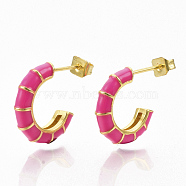 Brass Stud Earrings, Half Hoop Earrings, with Enamel and Earring Backs, Real 18K Gold Plated, Bamboo Shape, Deep Pink, 21x16.5x3.5mm, Pin: 0.7mm(EJEW-S209-10D)