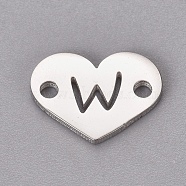 304 Stainless Steel Links, Heart with Letter, Stainless Steel Color, Letter.W, 9x12x1mm, Hole: 1.2mm(STAS-CJC0001-03W-P)