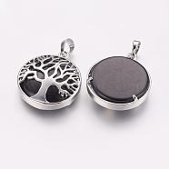 Natural Black Agate Pendants, with Brass Findings, Platinum, Flat Round with Tree, 31x27x6.5~7mm, Hole: 5x8mm(G-E388-08P)