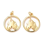 Brass Pendants, with Jump Ring, Long-Lasting Plated, Flat Round with Fire, Real 18K Gold Plated, 23.5x20x2mm, Hole: 3mm, Jump Ring: 5x0.8mm(KK-G399-14)