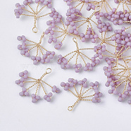 Glass Seed Beads Wire Wrapped Pendants, with Golden Plated Brass Wires, Tree, Plum, 15~16x18~21x2~3mm, Hole: 1.2mm(FIND-S321-06G)