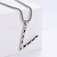 3Pcs Stainless Steel Textured Letter Pendant Box Chain Necklaces, Stainless Steel Color, Letter V(LW4134-48)