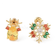 Christmas Snowflake & Deer Brass Pave Colorful Cubic Zirconia & Plastic Pearl Asymmetrical Stud Earrings for Women, with 304 Stainless Steel Pins, Golden, 14~16x10.5~14mm(EJEW-M257-02G)