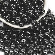 Opaque Colours Glass Seed Beads, Donut, Black, 8x4.5mm, Hole: 1.6mm, about 1023pcs/pound(SEED-C001-03D-01)