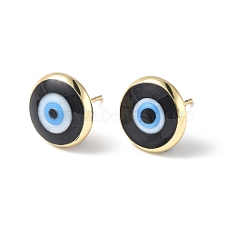 Enamel Evil Eye Stud Earrings, Real 18K Gold Plated Brass Jewelry for Women, Black, 12mm, Pin: 0.8mm(EJEW-G334-01G-03)