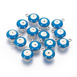 304 Stainless Steel Enamel Charms, Flat Round with Evil Eye, Stainless Steel Color, Deep Sky Blue, 13x10x5mm, Hole: 1.4mm(STAS-O123-C-09P)