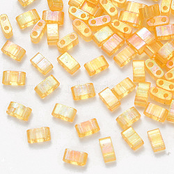 2-Hole Baking Painted Transparent Glass Seed Beads, AB Color Plated, Rectangle, Gold, 4.5~5.5x2x2~2.5mm, Hole: 0.5~0.8mm, about 2000pcs/bag(SEED-S031-M-251)