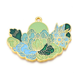 Rack Plating Alloy Enamel Big Pendants, Cadmium Free & Nickel Free & Lead Free, Flower Charms, Golden, Light Green, 41x54x2mm, Hole: 2.5mm(ENAM-N056-395E-G)