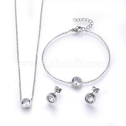 304 Stainless Steel Jewelry Sets, Pendant Necklaces & Stud Earrings & Bracelets, with Cubic Zirconia, Flat Round, Stainless Steel Color, 17.7 inch(45cm), 180mm, 9~10x4mm, pin: 0.8mm(SJEW-H137-24P)