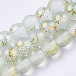 Frosted Spray Painted Glass Beads Strands, with Golden Foil, Round, Azure, 6~7mm, Hole: 1.2~1.5mm, about 65~67pcs/Strand, 14.76 inch~15.12 inch(37.5~38.4cm)(GLAA-N035-03B-C09)