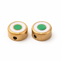 Eco-Friendly 304 Stainless Steel Beads, with Enamel, Flat Round with Evil Eye, Golden, Medium Sea Green, 8x4mm, Hole: 1.5mm(STAS-A077-01G-01)