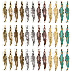 120Pcs 6 Colors Tibetan Style Alloy Pendants, Feather, Mixed Color, 31.5x6.5x4mm, Hole: 2mm, 20pcs/color(FIND-SC0003-75)