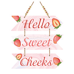 Wood Hanging Sings, Home Decorations, with 1M Jute Ropes and 10Pcs Wood Beads, Arrow with Word Hello Sweet Cheeks, Pink, Sign: 300x8.5x5mm, 3pcs/set(AJEW-WH0349-006)