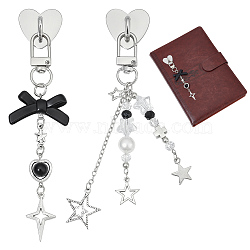 2Pcs Alloy Pendant Decorations, with Iron Cell Phone Holder Stand, Bowknot & Star, Platinum, 132~136mm(HJEW-ME00101)