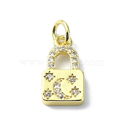 Brass Micro Pave Claer Cubic Zirconia Charms, with Jump Ring, Real 18K Gold Plated, Lock, 14x7.5x2.5mm, Hole: 3mm(KK-H475-50G-06)