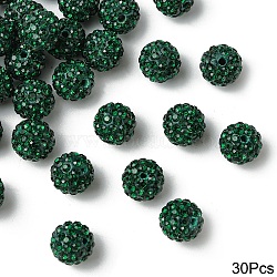 30Pcs Polymer Clay Rhinestone Beads, Grade A, Round, Pave Disco Ball Beads, Emerald, 10x9.5mm, Hole: 1.5mm, 30pcs/set(RB-YW0001-26D)