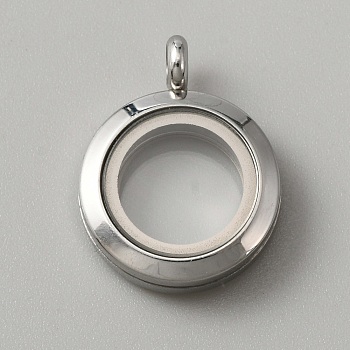 304 Stainless Steel Locket Pendants, Double Sides with Glass, DIY Accessories for Jewelry Pendant Making, Flat Round Charm, Stainless Steel Color, 25.5x20x6.5mm, Hole: 4mm, Inner Diameter: 13mm