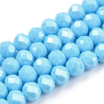 Electroplate Glass Beads Strands, Pearl Luster Plated, Faceted, Rondelle, Deep Sky Blue, 3.5~3.8x3mm, Hole: 0.4mm, about 113~115pcs/strand, 32.5~33cm