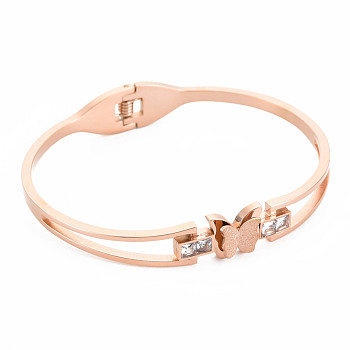 Crystal Rhinestone Butterfly Bangle, Stainless Steel Hinged Bangle for Women, Rose Gold, Inner Diameter: 1-7/8x2-3/8 inch(4.8x5.9cm)