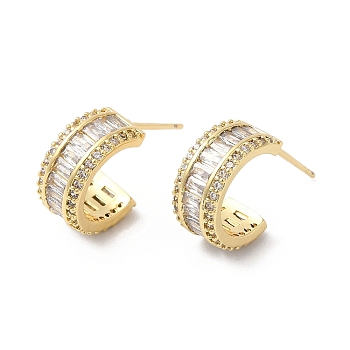 Clear Cubic Zirconia C-shape Stud Earrings, Brass Jewelry for Women, Real 18K Gold Plated, 13mm