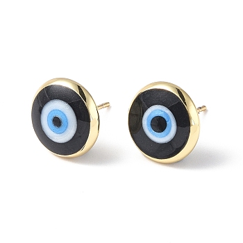 Enamel Evil Eye Stud Earrings, Real 18K Gold Plated Brass Jewelry for Women, Black, 12mm, Pin: 0.8mm