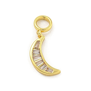 Rack Plating Brass Clear Cubic Zirconia European Dangle Charms, Moon Large Hole Pendants, Cadmium Free & Lead Free, Long-Lasting Plated, Real 18K Gold Plated, 25mm, Hole: 4.5mm, Moon: 17.5x9.5x2mm