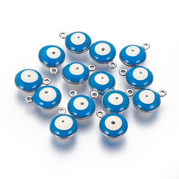 304 Stainless Steel Enamel Charms, Flat Round with Evil Eye, Stainless Steel Color, Deep Sky Blue, 13x10x5mm, Hole: 1.4mm