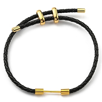 Brass Column Bar Link Bracelet with Leather Cords, Adjustable Bracelet for Women, Black, Inner Diameter: 5/8~3 inch(1.6~7.5cm)