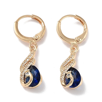 Real 18K Gold Plated Brass Dangle Leverback Earrings, with Cubic Zirconia and Glass, Peacock, Dark Blue, 31x8mm