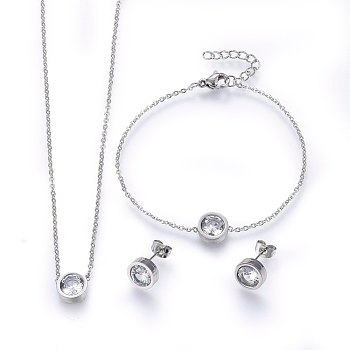 304 Stainless Steel Jewelry Sets, Pendant Necklaces & Stud Earrings & Bracelets, with Cubic Zirconia, Flat Round, Stainless Steel Color, 17.7 inch(45cm), 180mm, 9~10x4mm, pin: 0.8mm