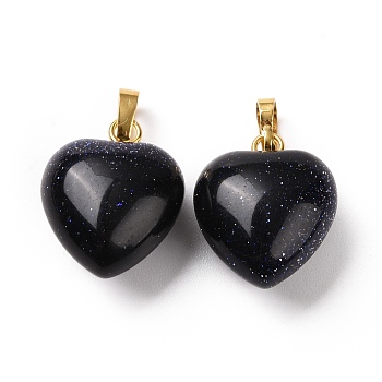 Synthetic Blue Goldstone Pendants, with Golden Tone Brass Findings, Heart Charm, 18x15~15.5x6~8mm, Hole: 6x3mm