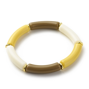 Imitation Jade Acrylic Curved Tube Beaded Stretch Bracelet for Women, Dark Goldenrod, Inner Diameter: 2-1/8 inch(5.3cm)