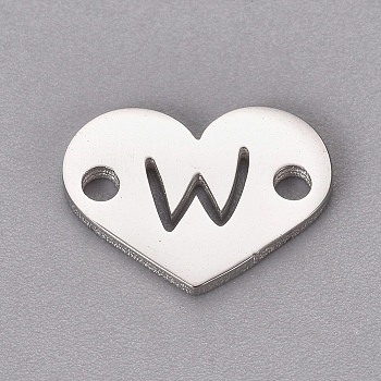 304 Stainless Steel Links, Heart with Letter, Stainless Steel Color, Letter.W, 9x12x1mm, Hole: 1.2mm