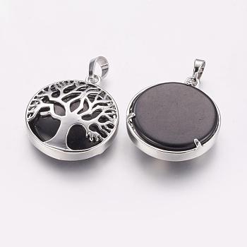 Natural Black Agate Pendants, with Brass Findings, Platinum, Flat Round with Tree, 31x27x6.5~7mm, Hole: 5x8mm