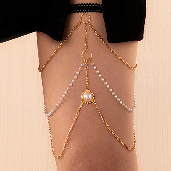 Alloy Plastic Pearl Sexy Elastic Multilayer Tassel Leg Chain, Thigh Body Chain for Women Girls, Golden, 316mm